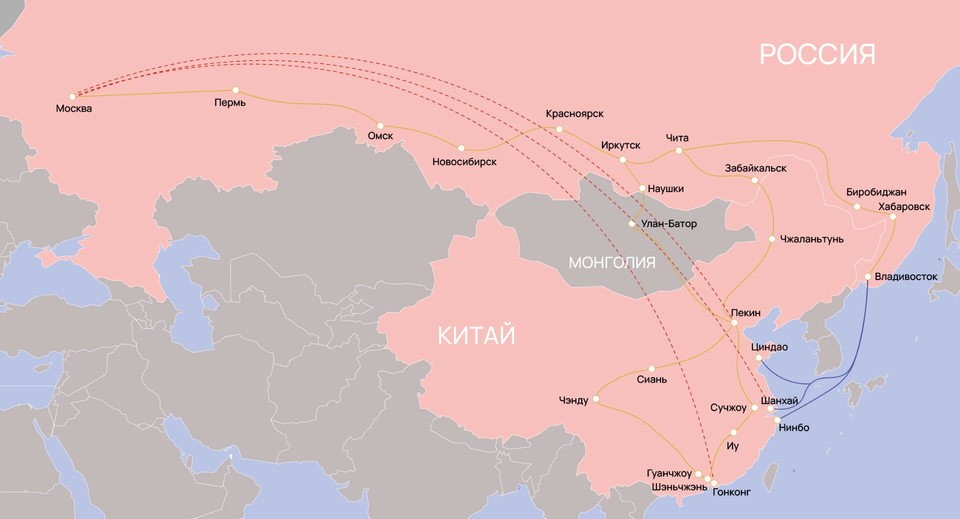 Карта маршрутов из Китая