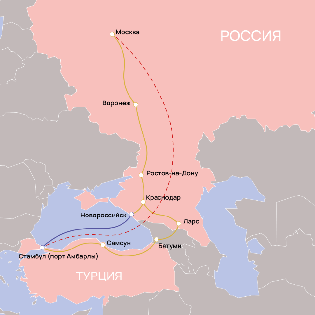 Карта маршрутов доставки из Турции в Россию с портами Амбарлы и Самсун